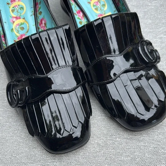 Gucci Black Patent Leather Marmont Fringe Loafers Sz.40
